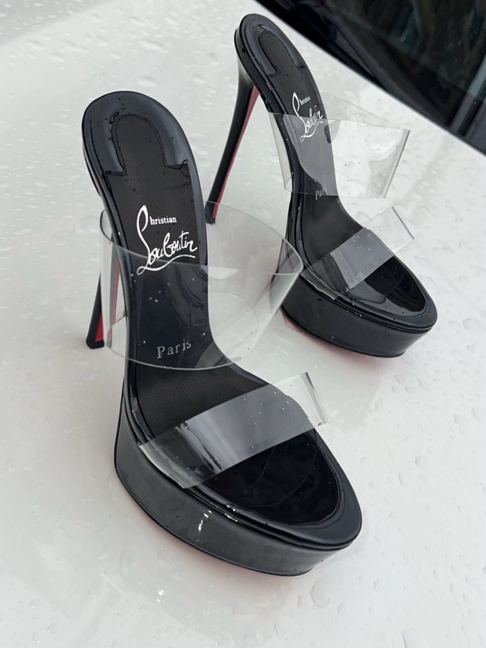 Black Patent & Clear Slide Stiletto Heels